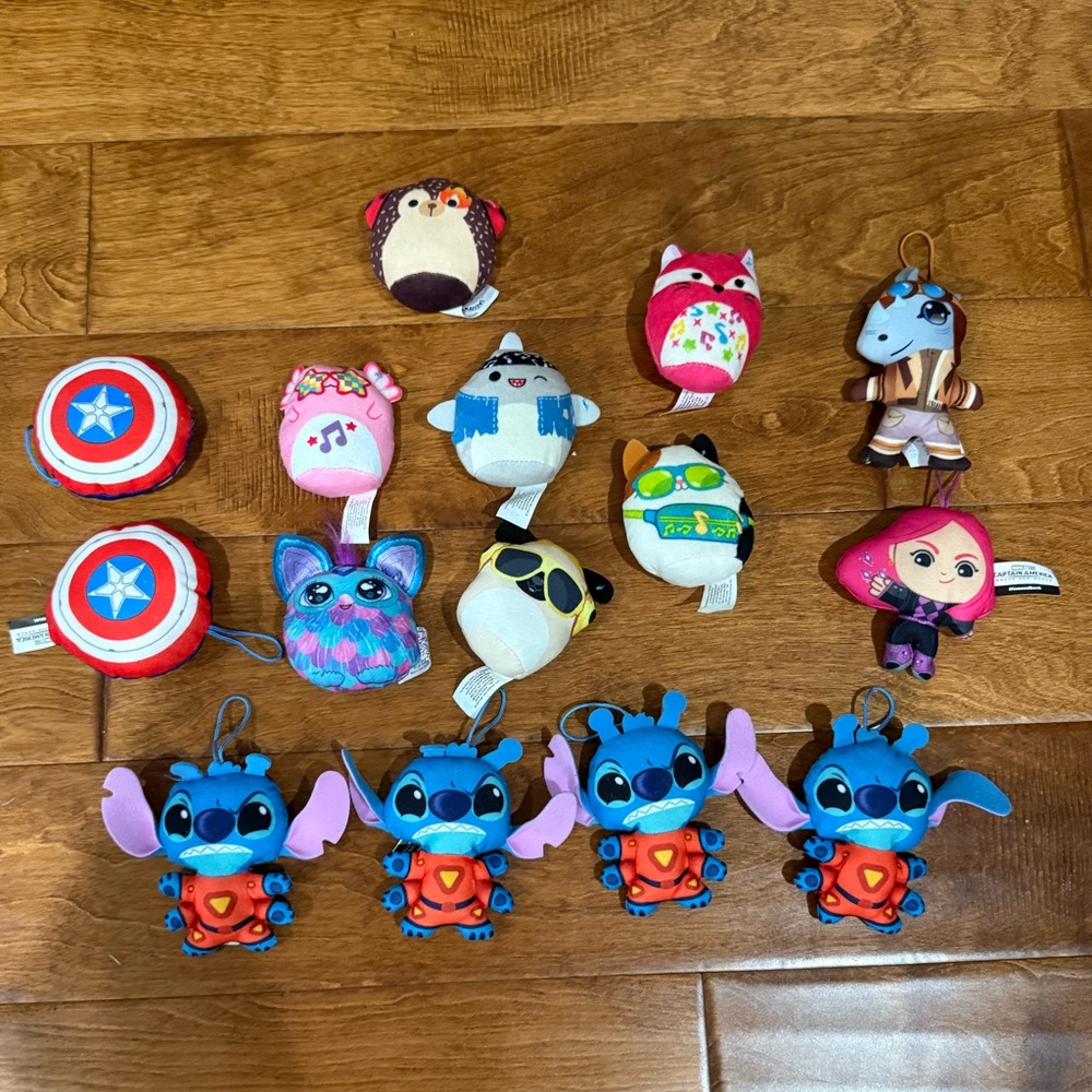 Like new 15 mini squishmallows, marvel studios, and disney stuffed animals